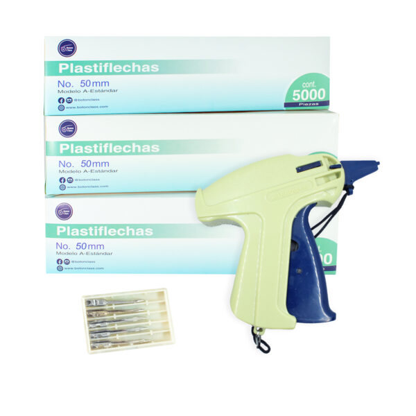 Kit de Plastiflechas de 50 mm para etiquetado: 1 Pistola plastiflecha, 6 Agujas y 15000 plastiflechas de 50 mm.